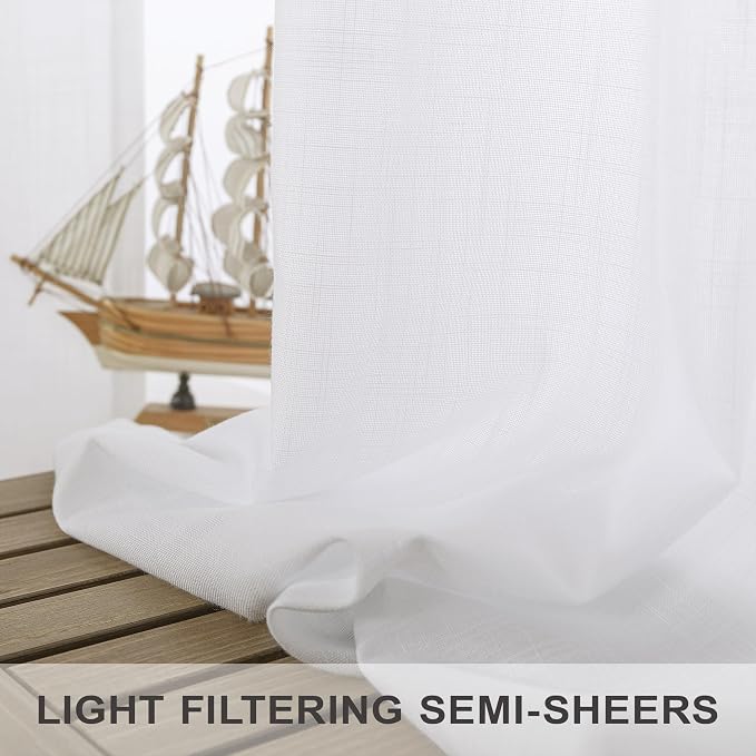 White Back Tab Curtains 45 Inch Length for Kitchen 2 Panels Set Pocket Light Reducing Semi Sheer Cotton Look Casual Woven Textured Short Cafe Tier Curtains for Bathroom Bedroom Dining Room 52x45 Long