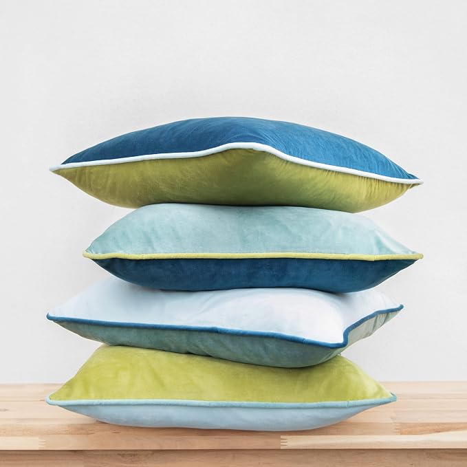 MONDAY MOOSE Decorative Throw Pillow Covers Cushion Cases, Set of 4 Soft Velvet Modern Double-Sided Designs, Mix and Match for Home Decor, Pillow Inserts Not Included (18x18 inch, Green/Blue)