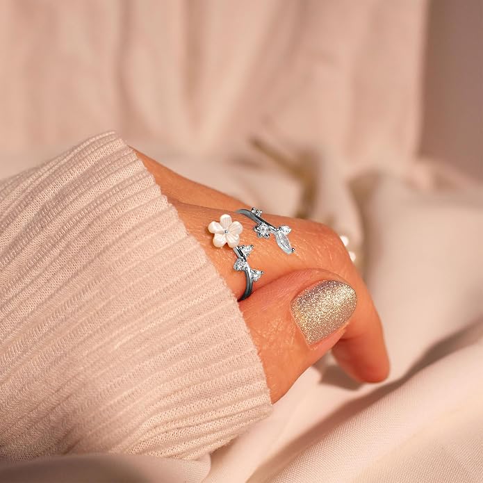 Birthstone Flower Rings For Women Non Tarnish Gemstone Cubic Zirconia Mother of Pearl Adjustable Size 7-11 Silver Rose 14K Gold Plated Birth Jewelry Gift For Birthday
