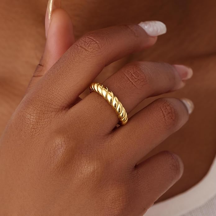 Non Tarnish Gold Chunky Rings for Women, 14K Gold Plated Statement Dome Rings Stacking Silver, Adjustable Mens Eternity Wedding Band Mixed Metal Jewelry Size 3-13