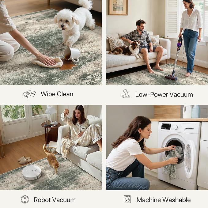 GENIMO Runner Rug Non Slip 2x8, Washable Rug Runner for Hallways Kitchen, Abstract Modern Kitchen Rugs, Low Pile Lightweight Carpet Runners for Entryway, Bedroom, Laundry, Sage Green Sand
