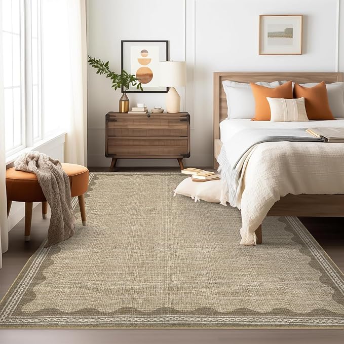5x7 Scalloped Area Rugs Jute Washable Living Room Bedroom Rug | Solid Tan Rug for Bedroom Girls, Non Slip Throw Carpet With Rubber Back, Soft Dorm Nursery Scalloped Rugs for Dining Room