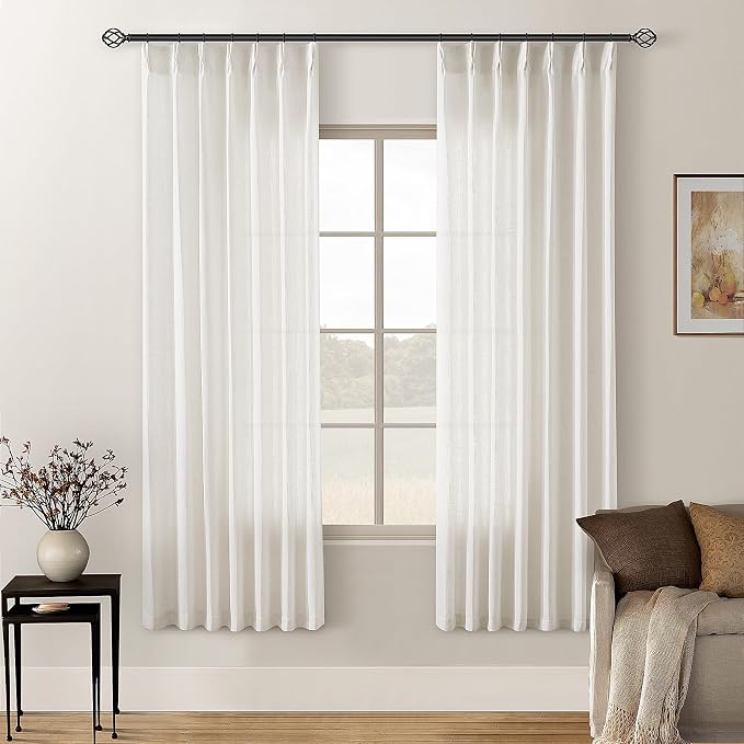 Natural 72 Inch Pinch Pleated Linen Semi Sheer Curtains 2 Panels W40xL72 | Memory Shape Trained, for Living Room Bedroom Cabin Closet, 400GSM Fabric, Cream Ivory, Pinch Pleat with Hooks Rings Back Tab