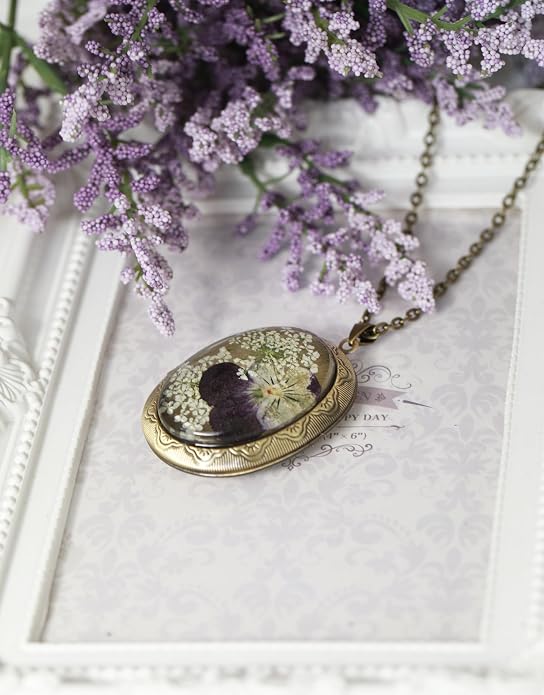 Handmade Oval Shaped Photo Locket with dried Pressed Flowers Locket pendant Necklace