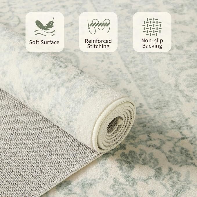 Rugxara 5X7 Washable Area Rug for Living Room, Vintage Large Boho Rugs for Office, Dining Room, Kids Room, Farmhouse, Durable Low Pile Non Slip Carpet for High Traffic Areas, Light Green