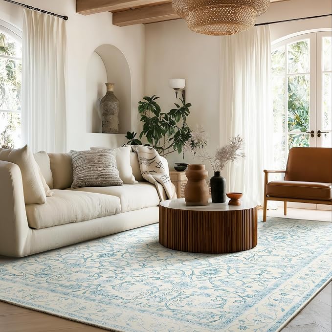 Washable Rugs for Living Room: 5x7 Area Rugs for Bedroom Ultra Soft Non-Slip Low Pile Vintage Boho Large Carpet for High-Traffic Dining Room - Farmhouse Decor