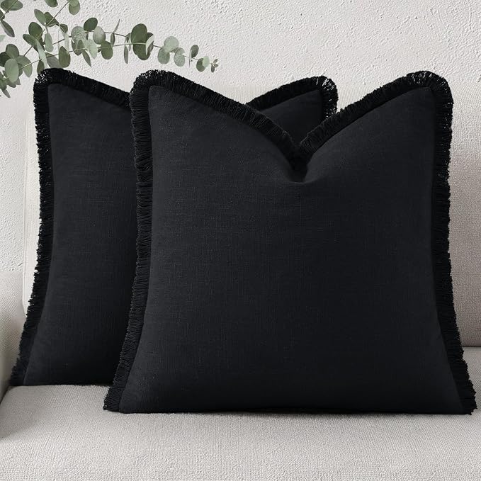 decorUhome Linen Fringe Black Throw Pillow Covers 20x20 Set of 2 | Decorative Soft Accent Modern Boho Farmhouse Cushion Covers with Tassels Cotton Pillow Covers for Couch Bed Sofa