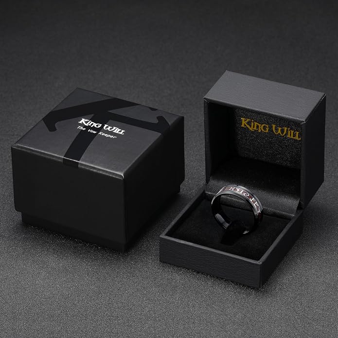 King Will Tungsten Carbide Wedding Band for Men - 8mm Black/Silver/Gold Plated with Norse Viking Rune & Hawaii Koa Wood Inlay Mens Ring, Polished Beveled Edge for Daily Wear, Comfort Fit Size 7-14