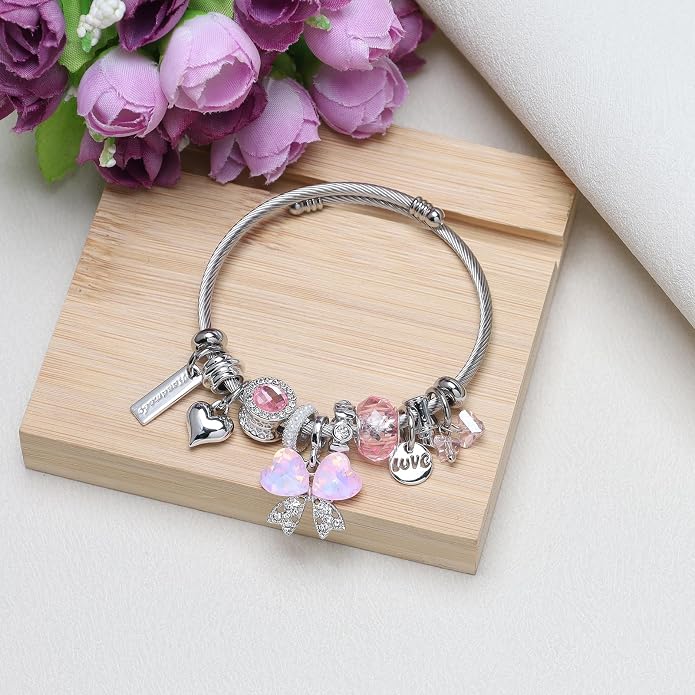 DS Charm Bracelets for girls,exquisite cute cartoon friendship bracelets Silver Stainless Steel Bangle with birthday Gift box, Adjustable girls jewelry Suitable for holiday gifts