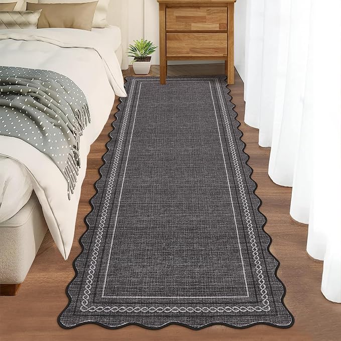 GarveeHome Scalloped Washable Runner Rug 2x8 Entry Rug Non Slip, Black | Kitchen Rugs Runner Farmhouse Black Low Pile Hallway Rugs Stain Resistant Carpet for Bathroom Laundry Room
