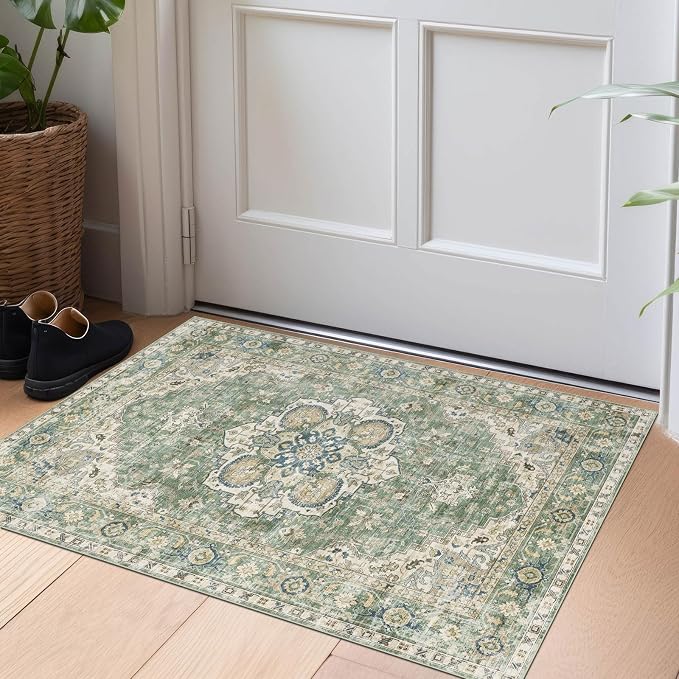 LUXRUG 2x3 Rugs for Entryway - Washable Doormat Ultra-Thin Sage Green Vintage Oriental Kitchen Rugs Non-Slip Front Door Mat Indoor Entrance Boho Small Throw Rug for Bedroom Bathroom Mudroom Carpet