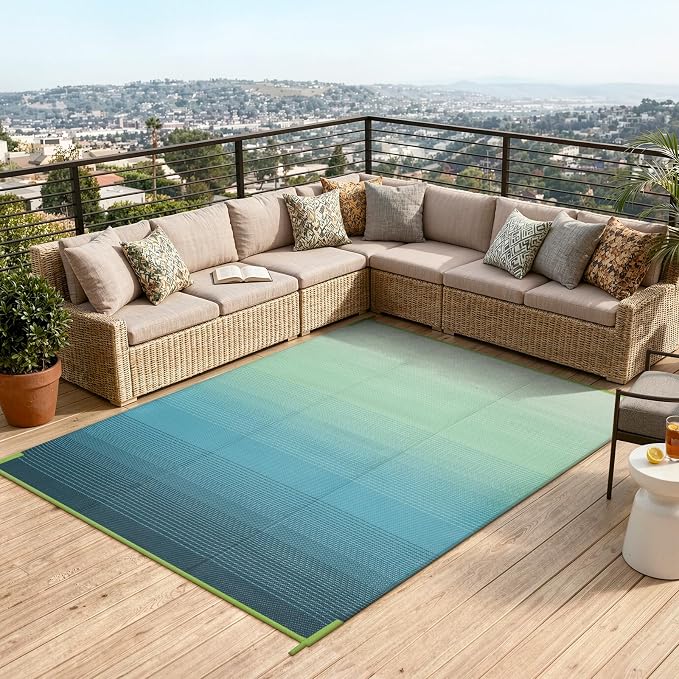 Lahome Outdoor Plastic Straw Rug 5x8, Reversible Waterproof Outdoor Rug Rv Outdoor Mats for Camping Large Carpet for Porch, Deck, Camper, Balcony, Picnic, Blue-Green 5x8