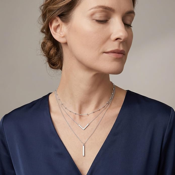 MONGAS Boho Layered Necklace Sterling Silver Triple 3 Stacked Vertical Bar Triangle Long Layering Necklaces Christmas Jewelry Gifts for Women