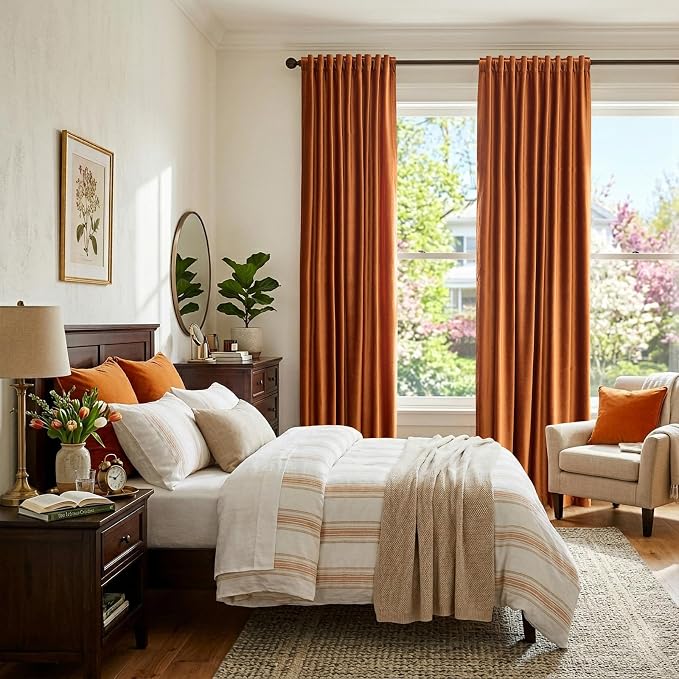 Luxury Orange Velvet Curtains 108 inch Length for Living Room,2 Panels Room Darkening Rod Pocket Back Tab Curtain Elegant Thermal Insulated Heavy Soundproof Noice Reducing Window Drapes for Bedroom