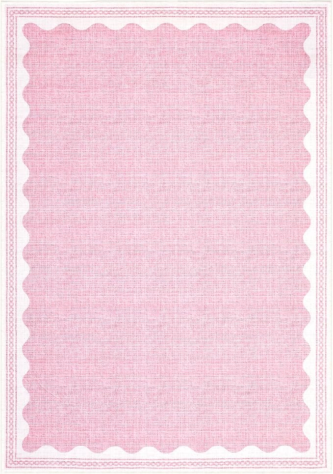 4x6 Scalloped Area Rugs Pink Washable Entryway Bedroom Rug | Solid Tan Rug for Bedroom Girls, Non Slip Throw Carpet With Rubber Back, Soft Dorm Nursery Scalloped Rugs for Dining Room