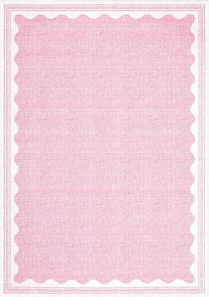 3x5 Scalloped Area Rugs Pink Washable Entryway Bedroom Rug | Solid Tan Rug for Bedroom Girls, Non Slip Throw Carpet With Rubber Back, Soft Dorm Nursery Scalloped Rugs for Dining Room