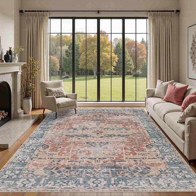 Rugxara 6x9 Area Rugs Washable Rug for Living Room Bedroom, Coral Blue | Non Slip, Rug for Dining Room Office Farmhouse, Stain Resistant, Soft, Low Pile, Vintage Boho Floral Retro Carpet, Home Decor
