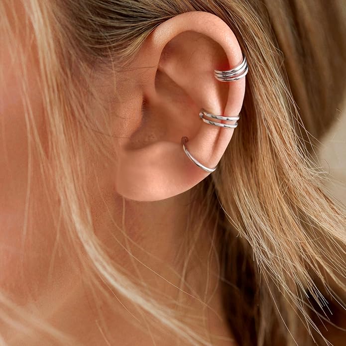 CHIC & ARTSY Sterling Silver Ear Cuff Set - Hypoallergenic, Simple, Adjustable No Piercing Clip on Earrings