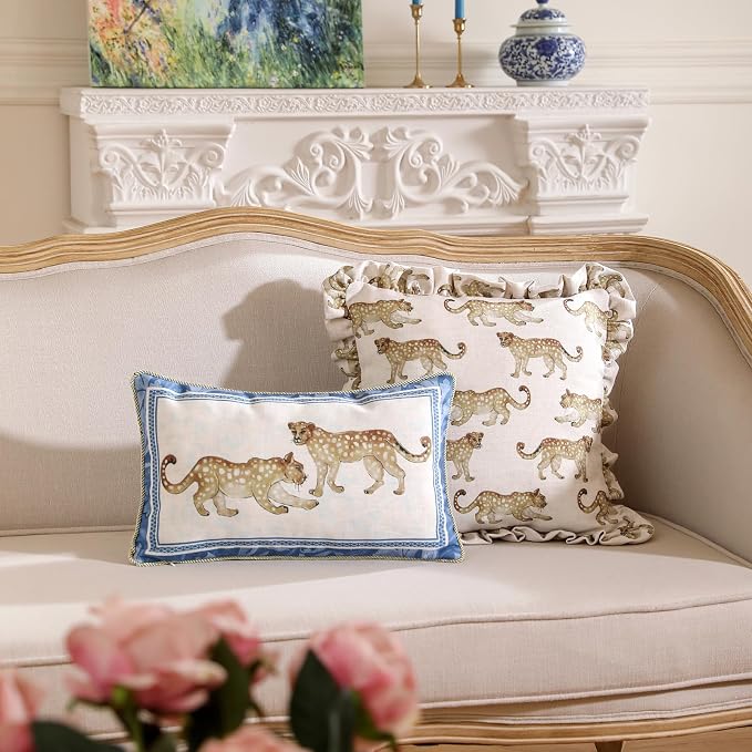 patdrea Designer Vintage Linen Throw Pillow Cover,Set of 4-Fromm | Elegant Decorative Pillow Case with Zipper,Leopard Pattern,Pillow Cover for Couch Living Room Bedroom Sofa