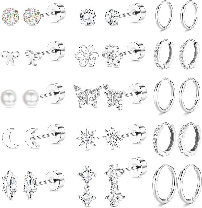 LOLIAS 14K Gold Plated Flat Back Earrings - Hypoallergenic Surgical Stainless Steel Stud Hoop Earrings for Women Girls Cute Stud Earring Set Small Huggie Hoops Cartilage Earring Stacks