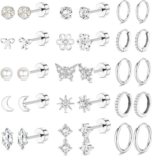 LOLIAS 14K Gold Plated Flat Back Earrings - Hypoallergenic Surgical Stainless Steel Stud Hoop Earrings for Women Girls Cute Stud Earring Set Small Huggie Hoops Cartilage Earring Stacks