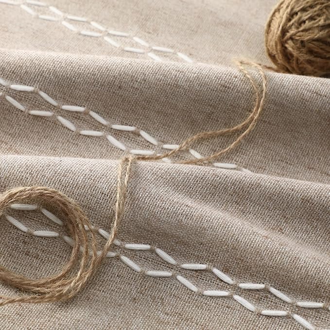 Khaki Brown Boho Blackout Curtains 2 Panels 63 Inch for Living Room Bedroom, Warm Taupe Linen Texture Farmhouse Curtains with Tassels and White Cotton Embroidery Vintage Rustic Country Western