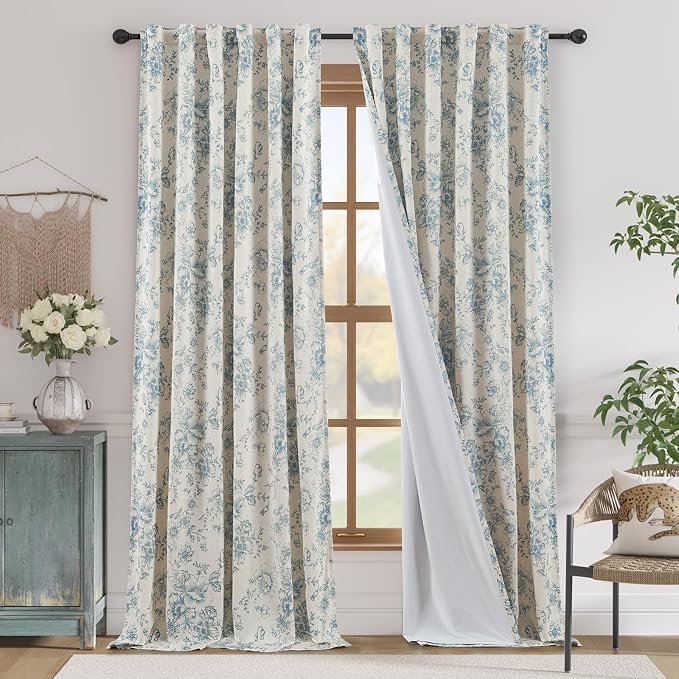 jinchan Blue Floral Linen Blackout Curtains Lined 96 Inch Back Tab 2 Panels | Blackout lining, room darkening drapes, farmhouse, vintage, cottagecore, rustic, bedroom, living room, window treatment