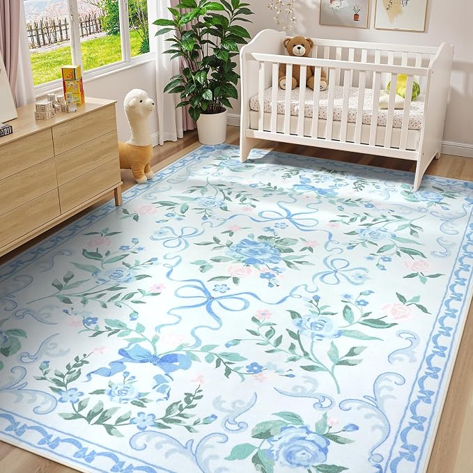 Collive Blue 8X10 Rugs for Living Room, 8x10 Bow and Floral Washable Area Rug Non Slip, Soft Boho Indoor Decor Elegant Carpet for Bedroom Kids Room Nursery Dining Room
