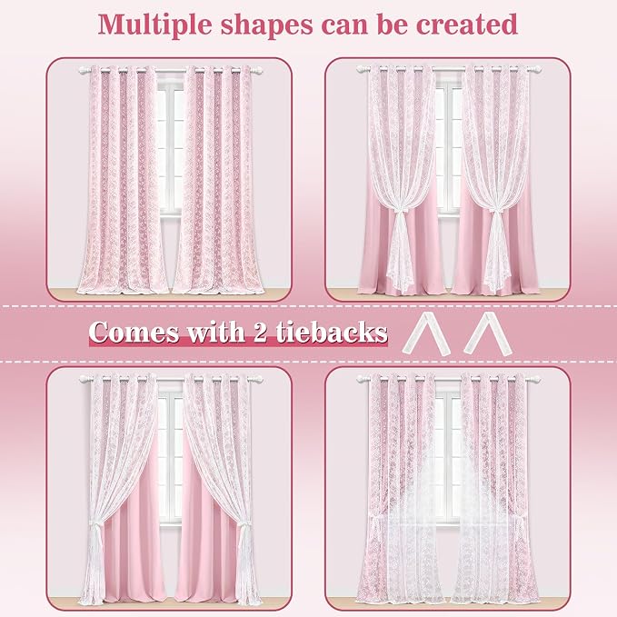 Yinhua Pink Curtains for Girls Room Double Layer Blackout Curtains for Bedroom 96 Inches Long Nursery Curtain for Living Room, Grommet Drapes with Tiebacks, 52" W x 96" L