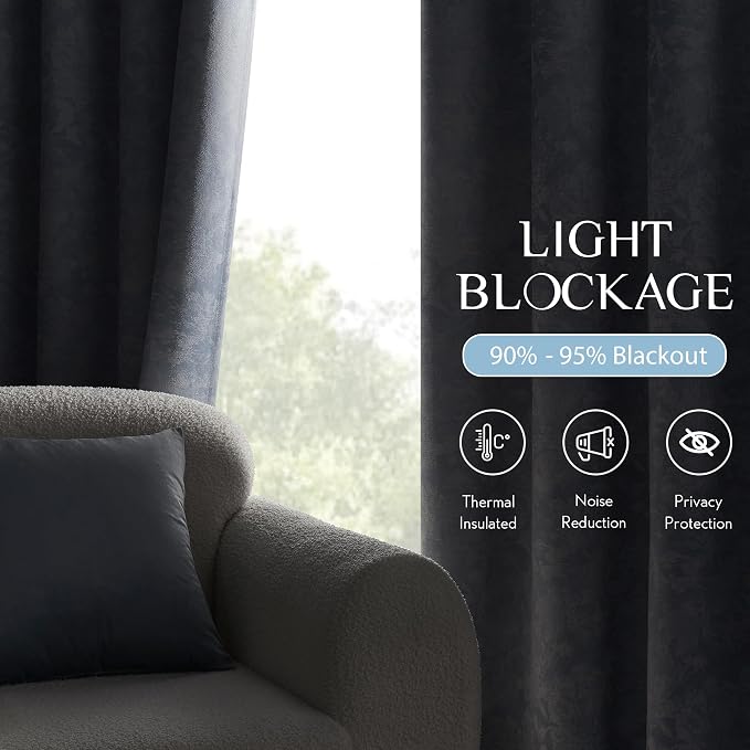 Beauoop Blue Floral Jacquard Blackout Curtains for Bedroom 52x120 2 Panels | Flower Chenille Room Darkening Drapes for Living Room 120 Inch Long Thermal Insulated Soundproof Window treatment Grommet