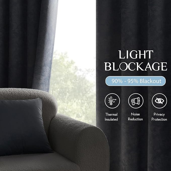 Beauoop Blue Floral Jacquard Blackout Curtains 90 Inches Long 2 Panels for Bedroom Living Room Polyester Flower Room Darkening Thermal Insulated Soundproof Grommet Window Treatments Drapes, 52x90 | Flower Chenille Room Darkening Drapes for Living Room ...