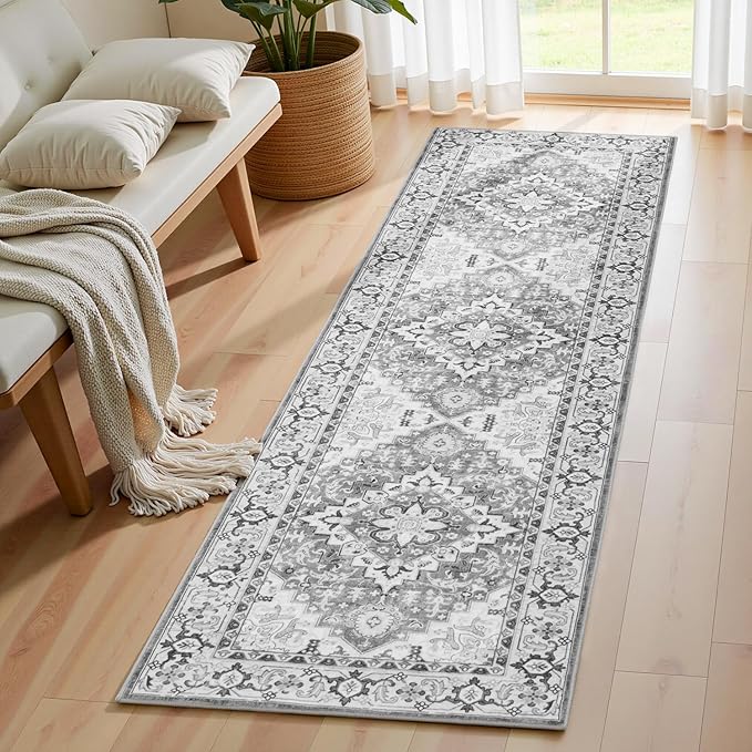 Lofus 2x6 Hallway Washable Runner Rug, Vintage Kitchen Runners Non Slip, Entryway Rugs for Bathroom Bedroom Living Room Laundry Room Floor Mat, Boho Entry Long Carpet, Floral Grey