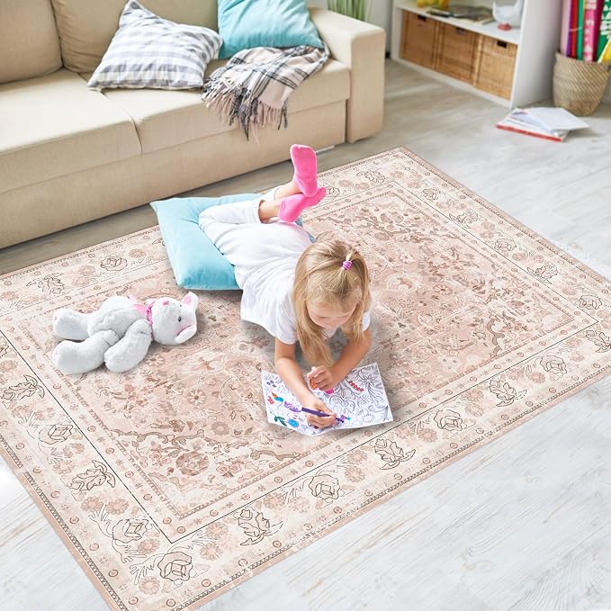 Vhong Washable Boho Vintage Modern Neutral Dusty Pink Area Rugs Small Carpet 3×5 High Traffic Rugs for Dinning Room Living Room Bedroom Girls' Room Nursery Room Non Slip