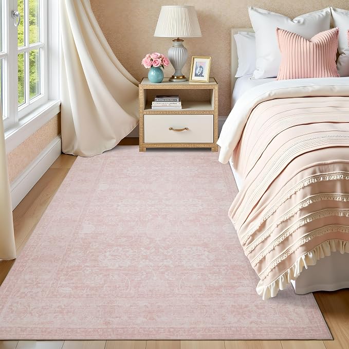 5x7 Vintage Washable Area Rug, Pink | Living Room, Non Slip Boho Carpet, Non-Shedding Kids Rug, Soft Indoor Stain Resistant, Floral Print