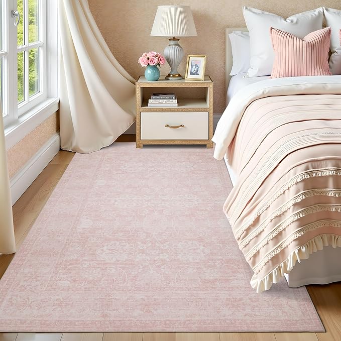 4x6 Vintage Washable Area Rug, Pink | Living Room, Non Slip Boho Carpet, Soft Indoor Stain Resistant, Floral Print Mat for Bedroom Dining Room Entryway