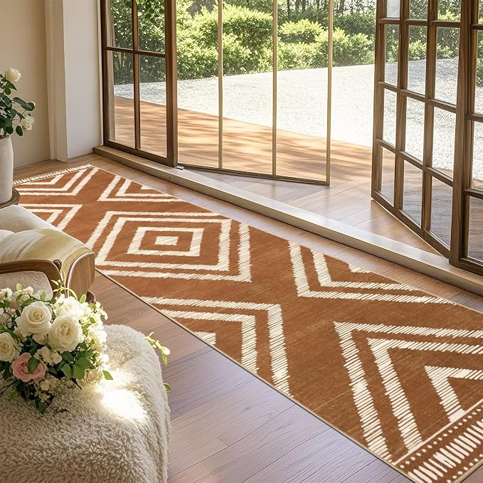 2x10Ft Boho Runner Rugs for Hallway Non Slip, Brown Washable Kitchen Rug Runners, Soft Moroccan Farmhouse Entryway Runner, Low Pile Geometric Floor Carpet for Bedroom Home Decor