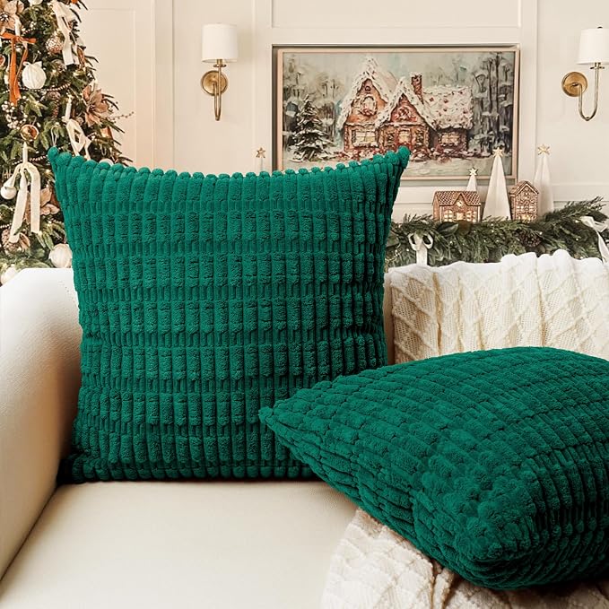 Softalker Corduroy Throw Pillow Covers 18x18 Set of 2, Soft Plush Decorative Square Cushion Cases for Living Room Couch Sofa, Modern Farmhouse Boho Home Decor 45x45cm, Green