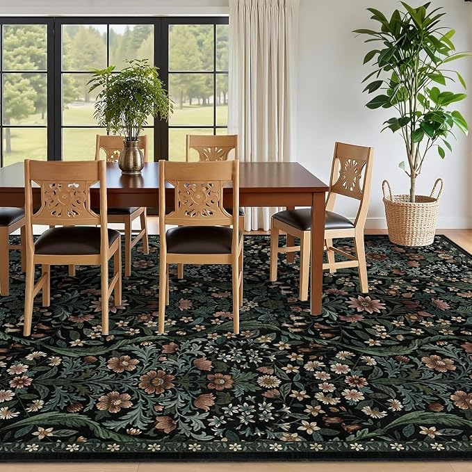 10x14 Black Vintage Floral Area Rug,Washable Large Boho Living Room Rugs,Botanical Print Non-Slip Stain Resistant Lightweight Carpet for Bedroom Dining Room Nursery