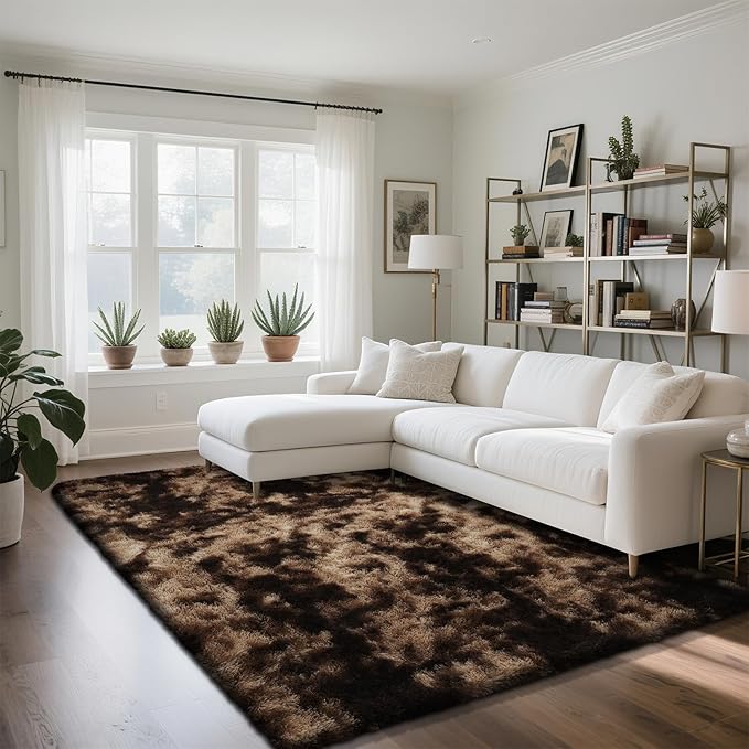 Fluffy Rug Shag Area Rug, Mottling Brown 4x6 Area Rugs for Bedroom, Small Bedside Rug, Soft Fluffy Shag Entryway Throw Rugs for Living Room Bedroom Room Home Decor