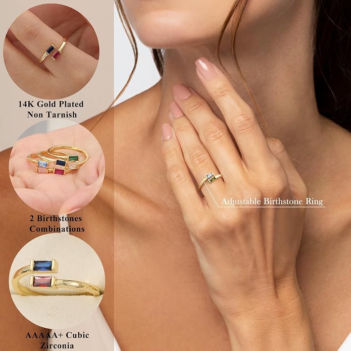 JSJOY Birthstone Rings for Women Dainty Emerald Blue Ring Birthday Gifts for Mom Her Gemstones CZ Ring for Teens Gold Rings That Don't Tarnish Adjustable Ring Jewelry Gifts