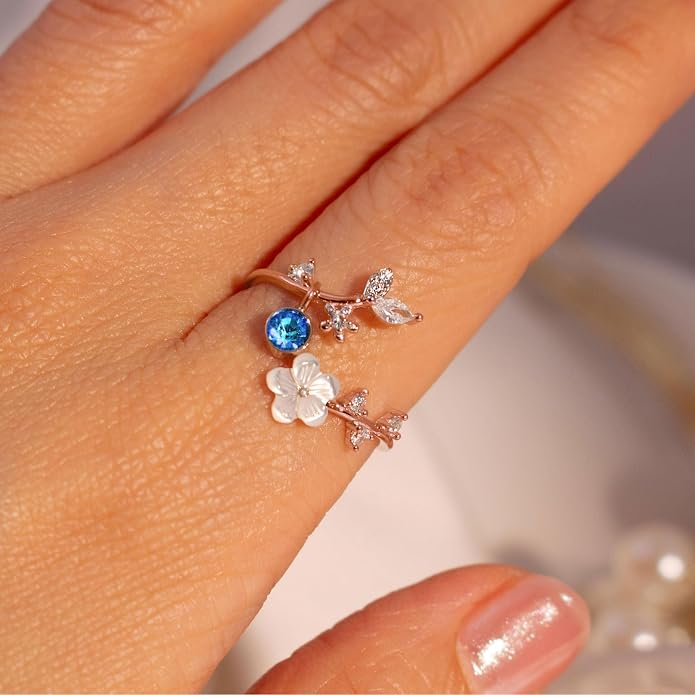 Birthstone Flower Rings For Women Non Tarnish Gemstone Cubic Zirconia Mother of Pearl Adjustable Size 7-11 Silver Rose 14K Gold Plated Birth Jewelry Gift For Birthday