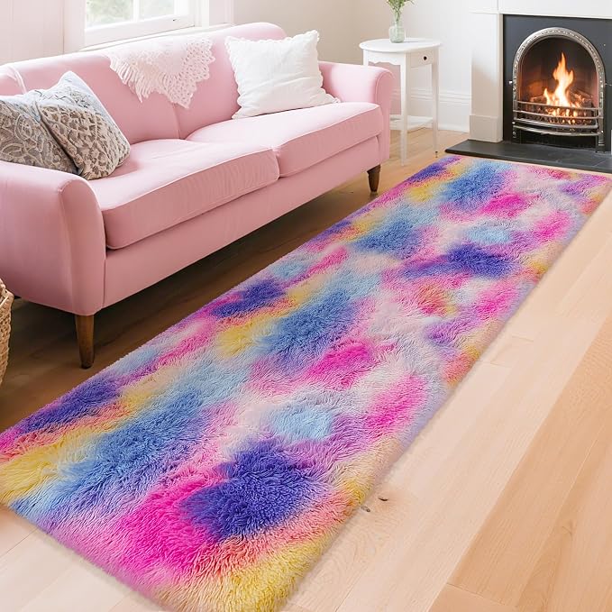 Soft Fluffy Pink Rainbow Rug for Girls Bedroom Carpet 2x8 Tie Dyed Shag Runner Fuzzy Bedside Kids Princess Rug for Girls Bedroom Living Room Hallway Nursery Kids Unicorn Home Decor
