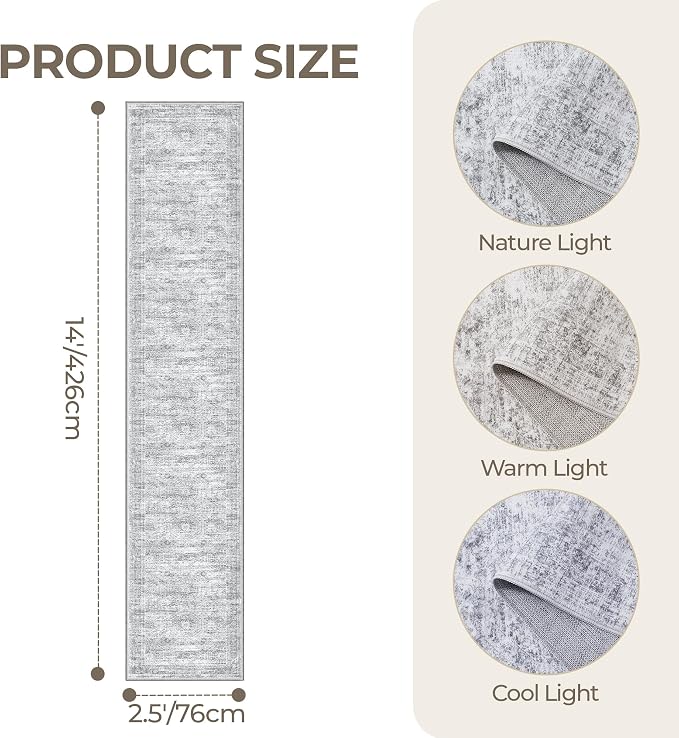2'6 x 14' Runner Rug Non Slip,Washable Kitchen Rugs,Grey | 14 ft Runner Rug for Hallway,Entryway,Bedroom,Living Room,Thin,Soft, Extra Long Rug,Stain Resistant Indoor Carpet