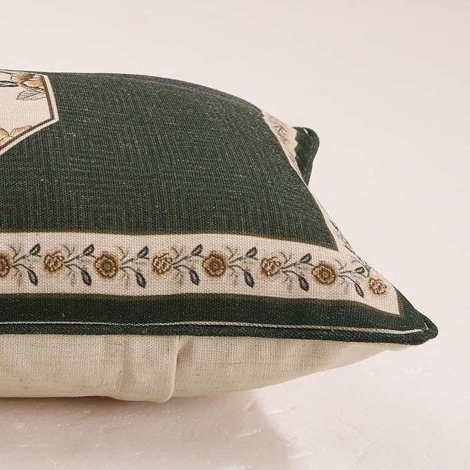 ISAENNE Vintage Linen Square Throw Pillow Cover,Set of 2,18"x18"-Murad E | Designer French Green Pillow Cover,Concealed Zipper Design,Floral and Bird Pattern,Sofa,Bedroom,Living Room,Lounge Chairs