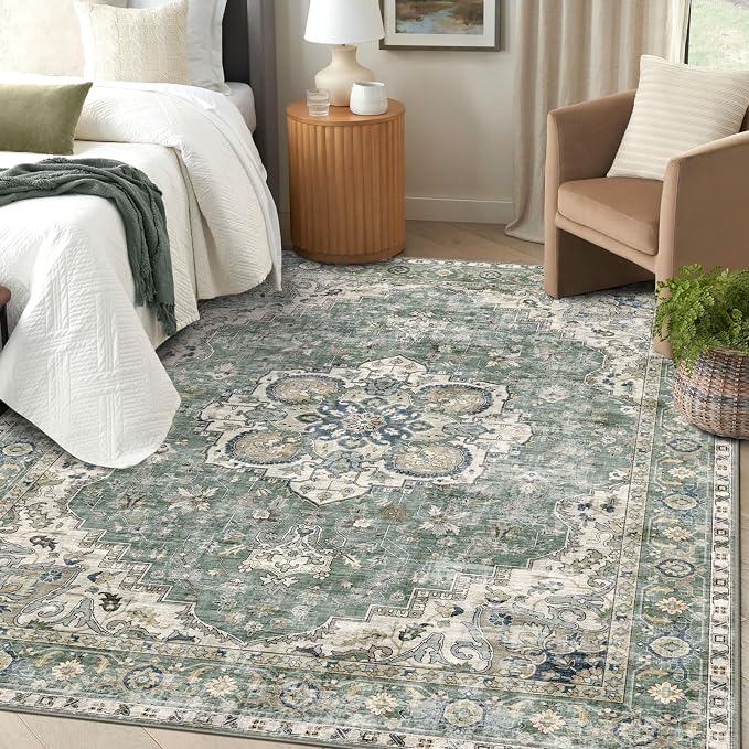 LUXRUG Washable Area Rug 5x8 - Boho Living Room Rug Non Slip Soft Bedroom Rug Ultra-Thin Sage Green Vintage Oriental Farmhouse Dining Room Rugs for Under Table Indoor Carpet for Living Room
