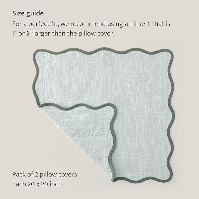 Double Stitch Scalloped Throw Pillow Covers - 100% Cotton Set of 2 Decorative Boho Pillow Covers 20 x 20, Made in India, Square Cushion Case, Modern Home Decor for Couch Sofa Living Room, Aqua Mint