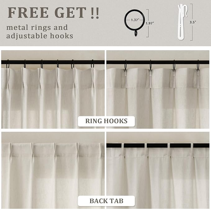 Sheer Linen Curtain 90 Inches Long 72 Inch Wide Pinch Pleated Drape | for Living Dining Room Patio Sliding Glass Door, Greyish Beige Oatmeal, Semi Sheer Privacy Drapes, with Hooks Rings, 72x90