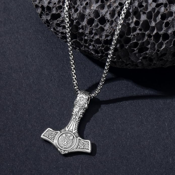 PROESS Thors Hammer Necklace Sterling Silver Celtic Knot Wolf/Lion/Raven Necklace Viking Mjolnir Pendant Jewelry for Men