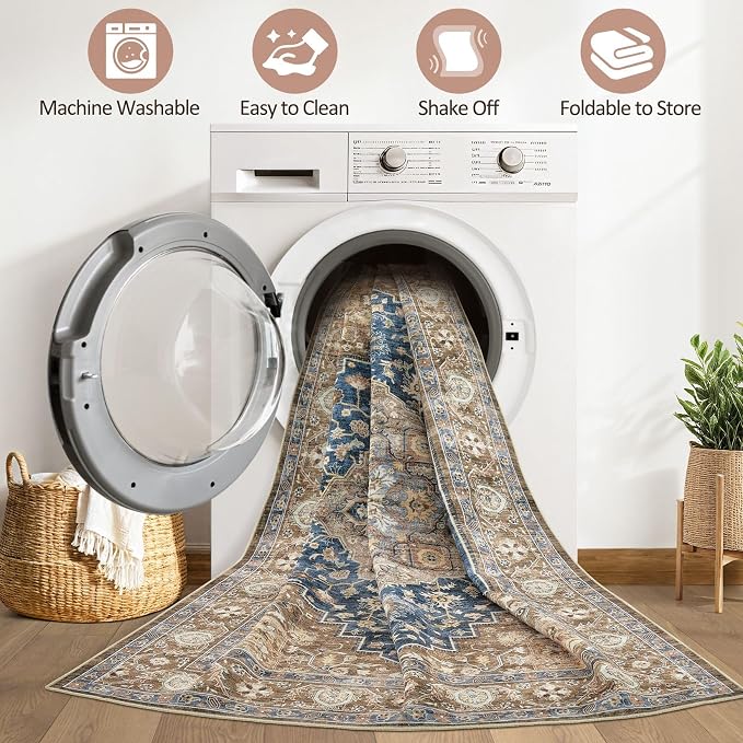 10x12 Area Rug Living Room: Washable Boho Large Neutral Vintage Soft Rugs Stain Resistant Farmhouse Non-Slip Indoor Floor Carpet for Bedroom Nursery Kids Office Dining Room Playroom- Yellow Blue