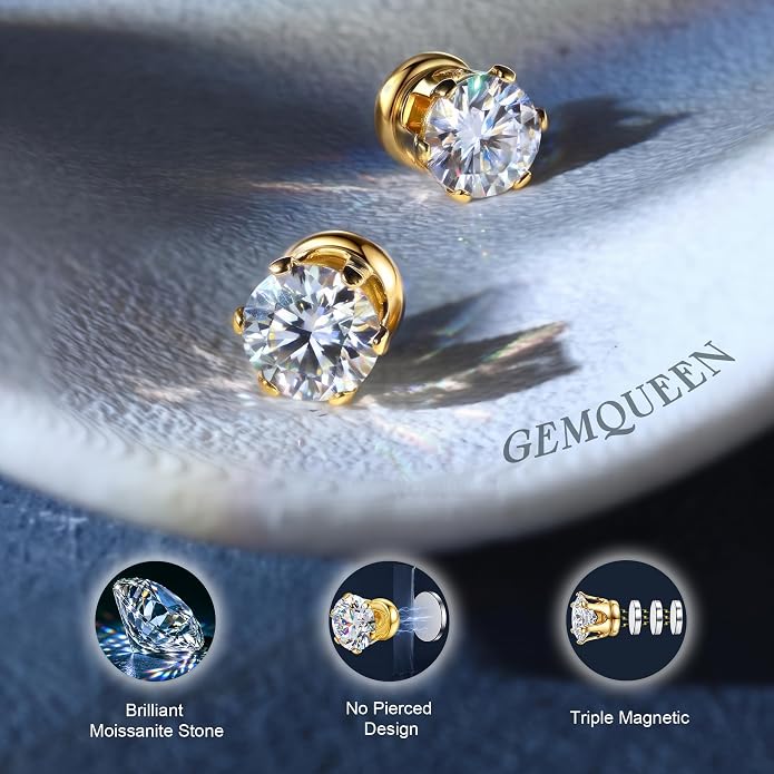 GEMQUEEN Moissanite Magnetic Earrings for Men Women : 18K White Gold Plated Hypoallergenic Stainless Steel Non Piercing Clip on Fake Earrings Studs Dainty Moissanite Earring Jewelry D Color VVS1